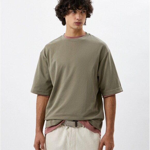 Uniqlo U AIRism Oversize T-Shirt Men M Green Cotton Crew Boxy Half Sleeve 444999 - Picture 1 of 10